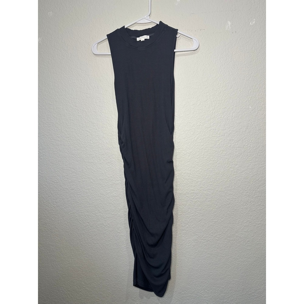 all:row Charcoal Grey Ribbed Ruched Bodycon Midi Dress Sleeveless Crew Neck L